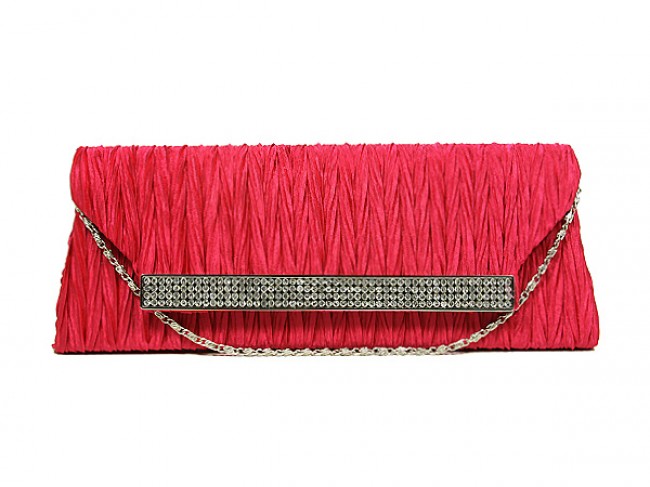 Evening Bag - Pleated Satin w/ Mesh Metal Bar Accent &ndash; Fuchsia - BG-92006FU
